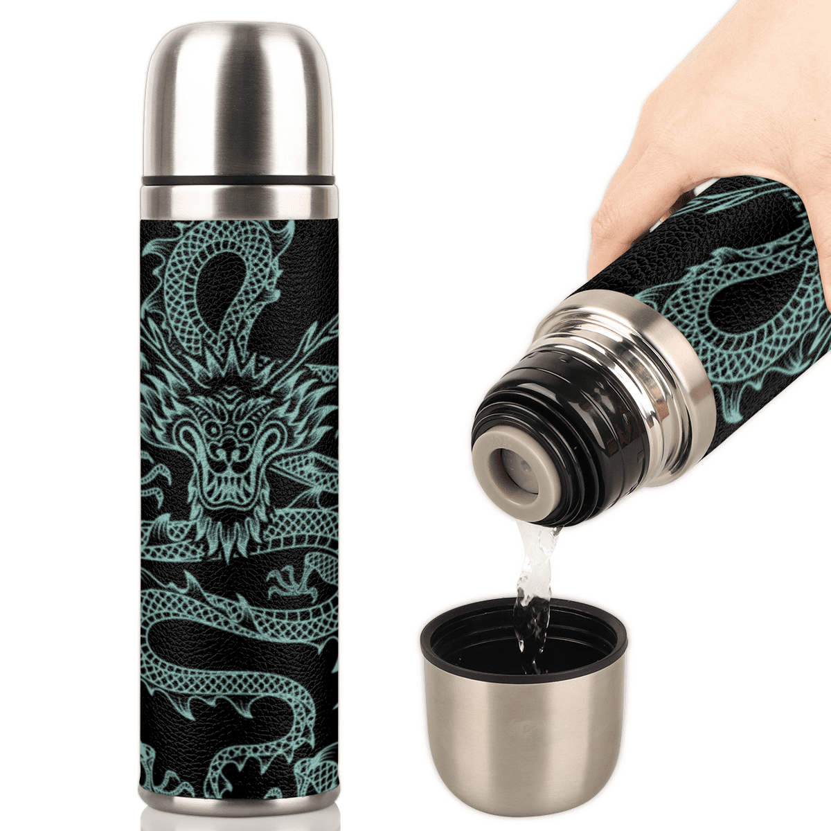 Insulated Stainless Steel Water Bottle with Cup Lid , 25oz Vacuum Flask with Double Wall, Leakproof Lid, for Outdoors Gym Office - Dragon Pattern
