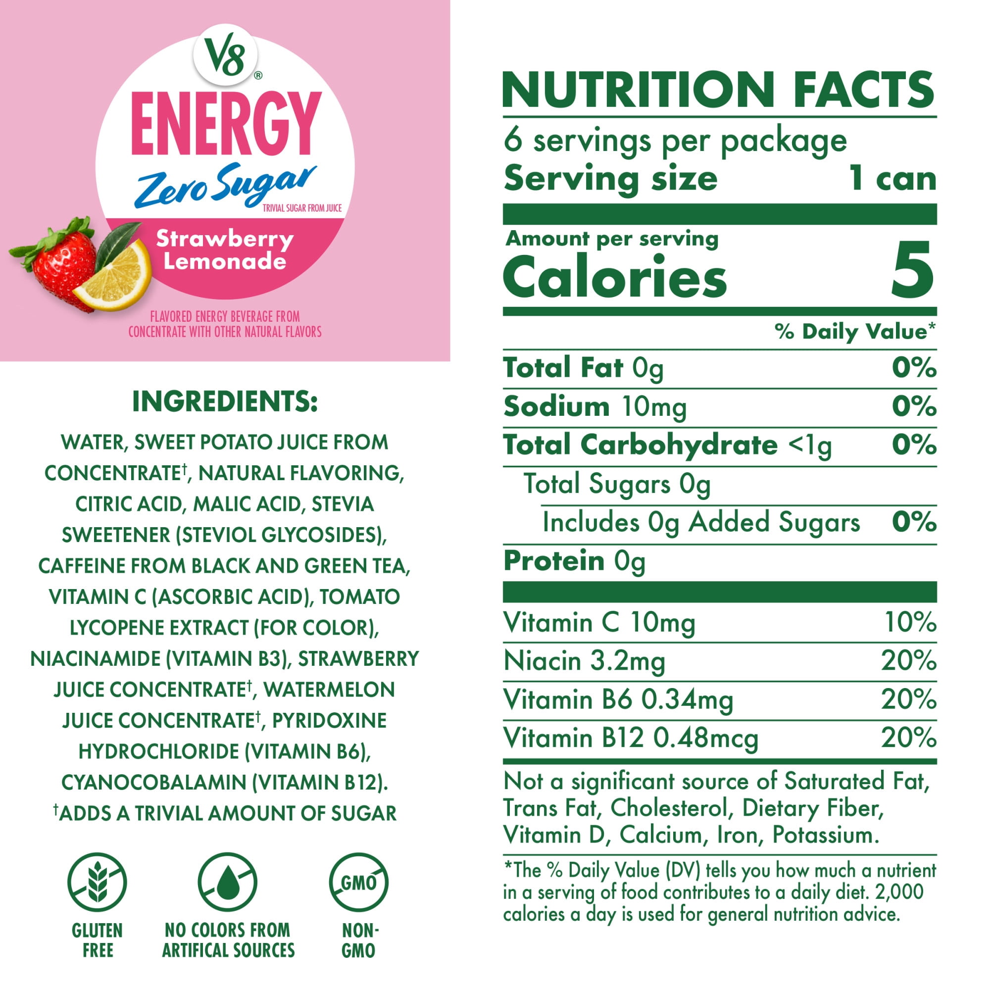 (4 pack) V8 Energy Zero Sugar Strawberry Lemonade, 8 fl. oz. Can (6 Pack)