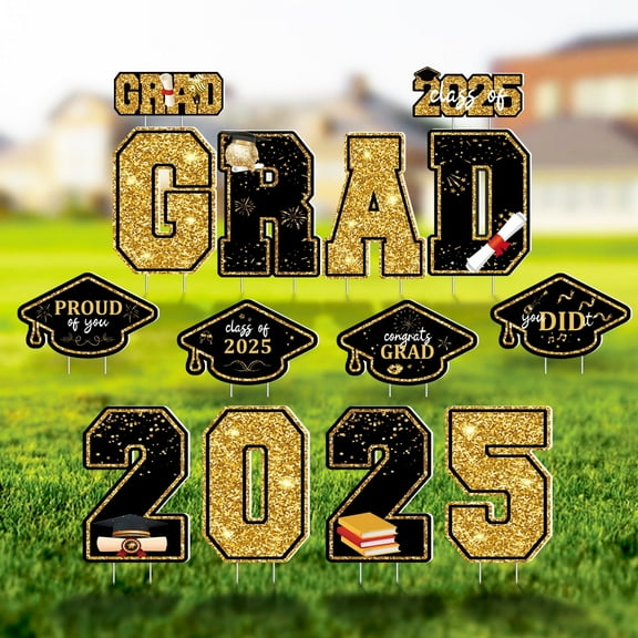 14 PCS Graduation Decorations Yard Sign, Black Gold Large Congrats Grad Lawn Stakes, Class of 2025 Yard Signs with Stakes, Graduation Party Decorations Outdoor (Gold)