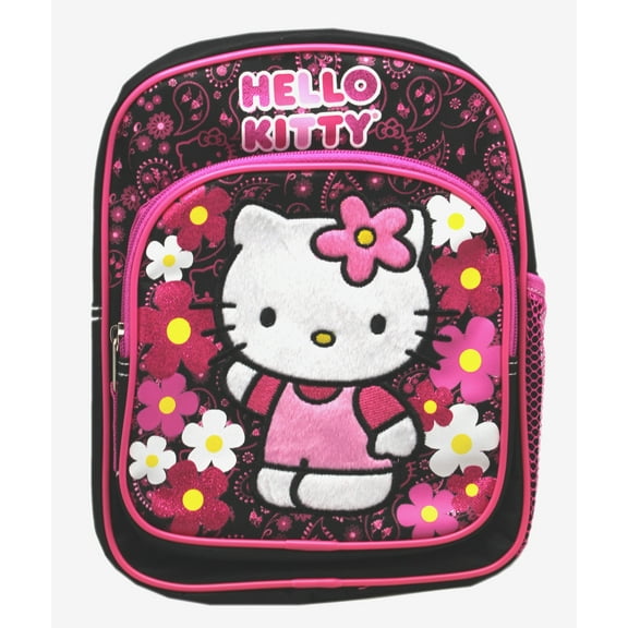 Hello Kitty Fuzzy Patch Front Floral Black/Pink Mini Toddler Backpack (10in)