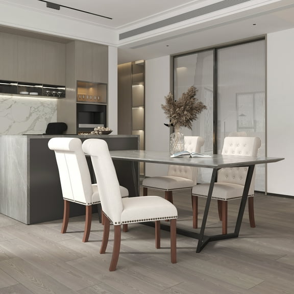 Emma Oliver 4 PK Beige Fabric Upholstered Rolled Back Parsons Chair with Nailhead Trim & Walnut Finished Frame with Plastic Floor Glides