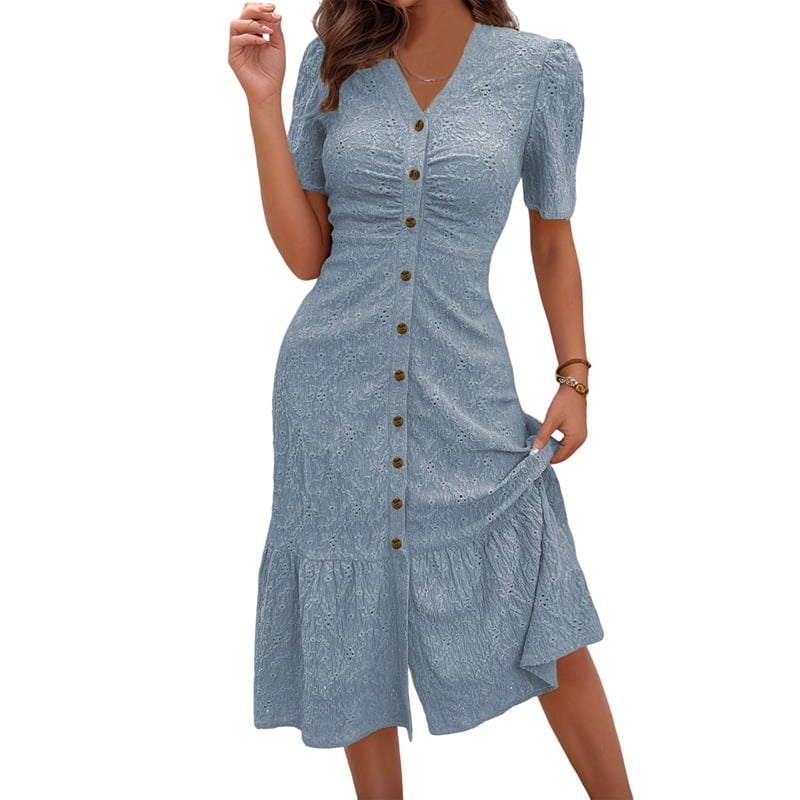 Women'S Short Sleeve V Neck Sundress Summer Casual Button Floral Dress with Pockets Sky Blue S