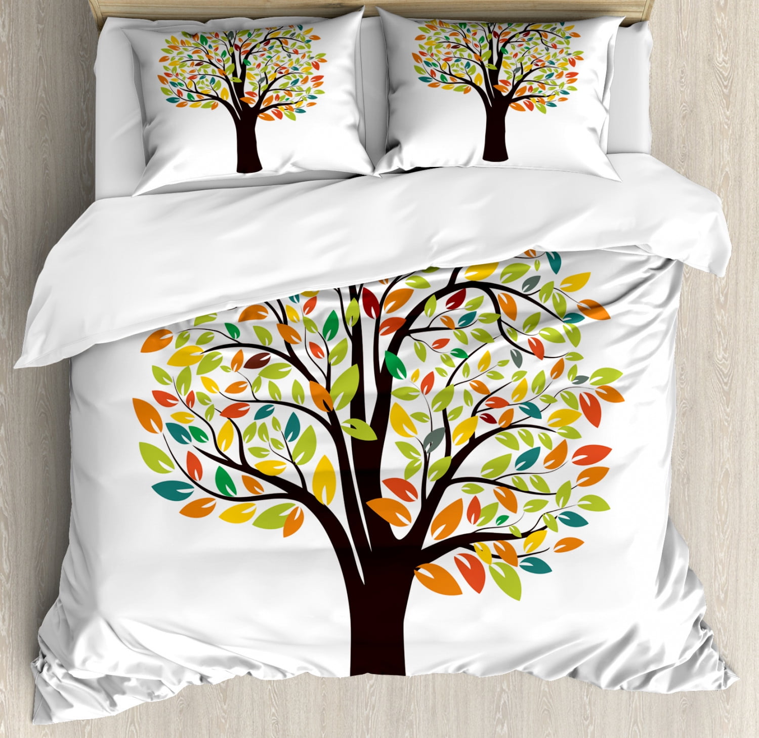 Tree Duvet Cover Set Queen Size, Abstract Leaves Forest Flora Autumnal Tones Illustration Spring
