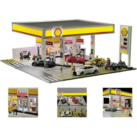 1/64 Scale Shell Gas Station Building Diorama with Lighting, Highly Detailed Miniature Building Scene Model for Car Displays and Diorama Projects (Cars & Figures not Included)