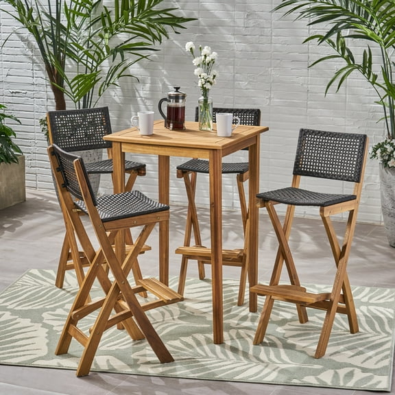 Elizabeth Outdoor 26" Square Wood and Wicker Bar Height Set, Natural Finish and Brown
