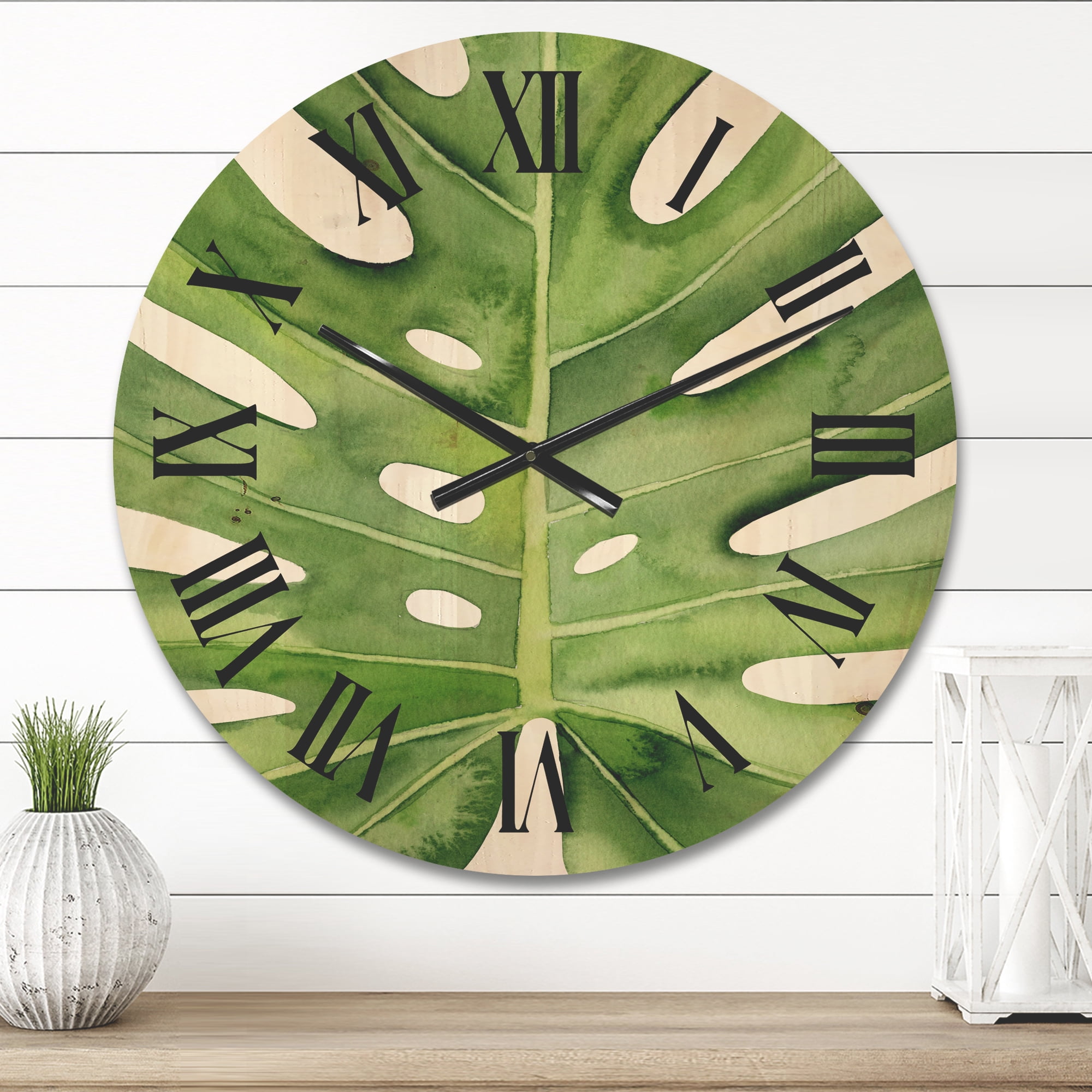 Designart 'Close Up Green Monstera Leaf Tropical Palm' Tropical Wood Wall Clock