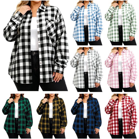 QIUOMBBP Long Sleeve Shirts for Women Plus Size Button Down Plaid Tops Casual Chest Pocket Lapel Shacket