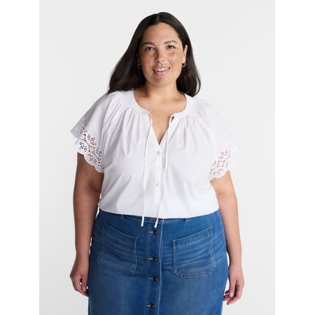 Terra & Sky Women’s Plus Cotton Eyelet Top with Short Sleeves, Sizes 0X-5X