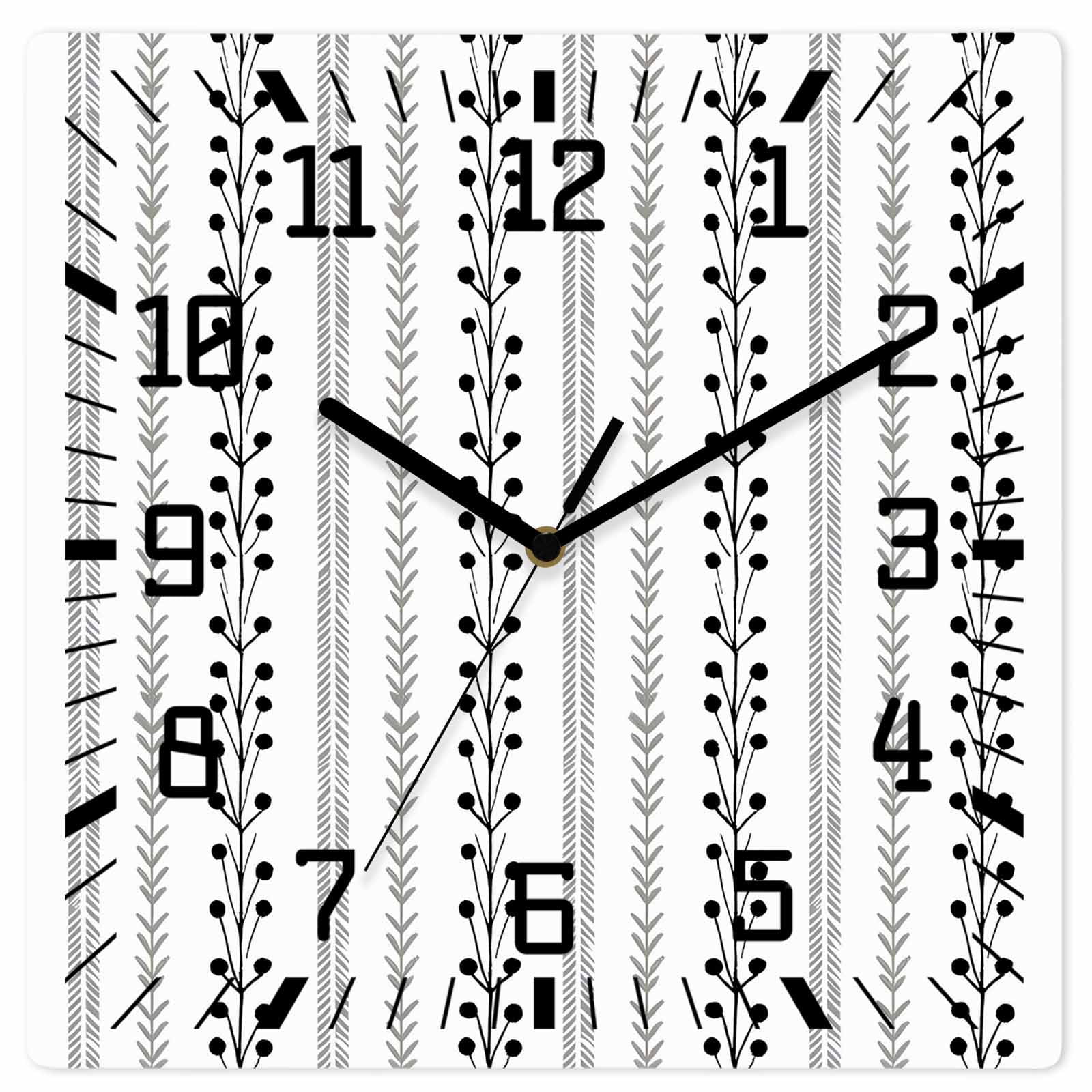 Eclectic Stripes Wall Clock Rustic Black Dashed Lines Shabby Chic Gray Leaf 10 Inch Wooden Wall Clock Silent Non Ticking Wall Clocks Quartz Battery Operated Square Clock for Living Room Bedroom Home