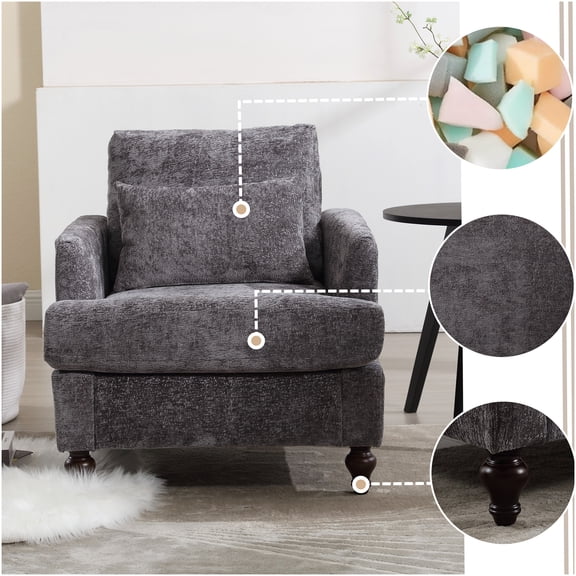 Gray Chenille Modern Accent Chair with Solid Wood Frame, Tufted Upholstered Lounge Armchair for Living Room or Bedroom, Mid-Century Style Club Chair