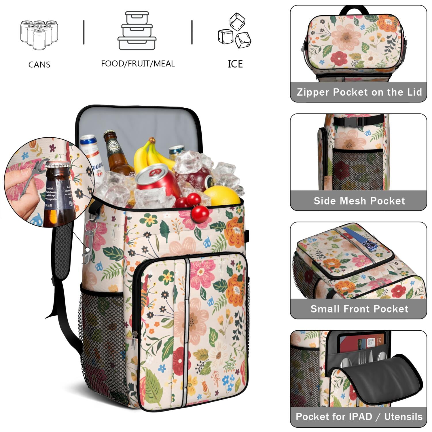 Travel Cooler Bag - Boho Bohemia Flower Camping Beer Cooler Backpack with Bottle Opener- Waterproof Insulated Picnic Backpacks - Cooler Bag for Beach