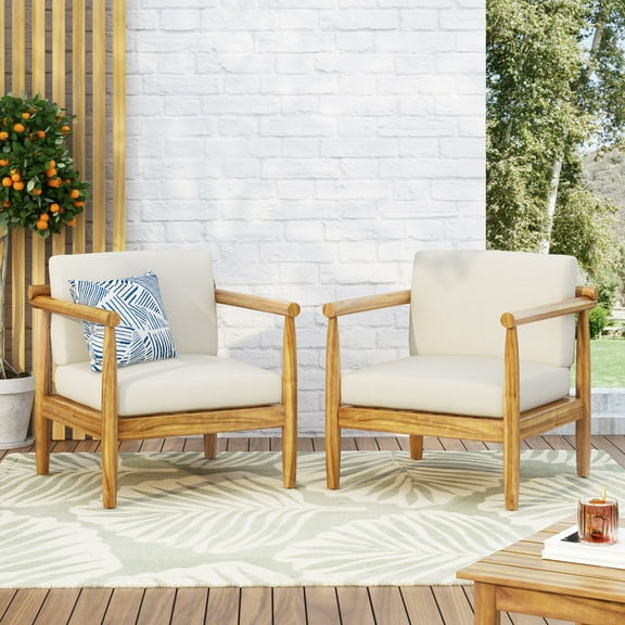 Arimo Acacia Wood Outdoor Club Chair with Cushion, Set of 2, Teak and Cream