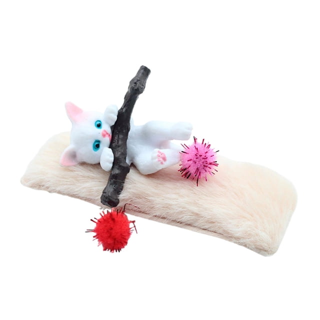 Estatuas de animales en miniatura, suministros para escenografía, figuras de gato para casa de muñecas con tapete de peluche Blanco