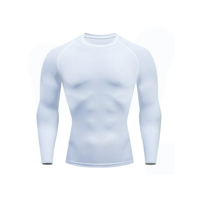 LUXUR Chemises de Compression pour Hommes Couleur Unie Hauts d'Été Manches Longues T-shirt de Sport T-shirt Décontracté Col Rond T-shirt Muscle Blanc m