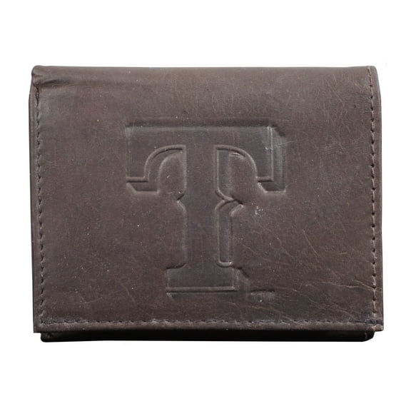 Texas TX Baseball Rangers Distressed Look Embossed Logo Dark Brown Leather Trifold Wallet