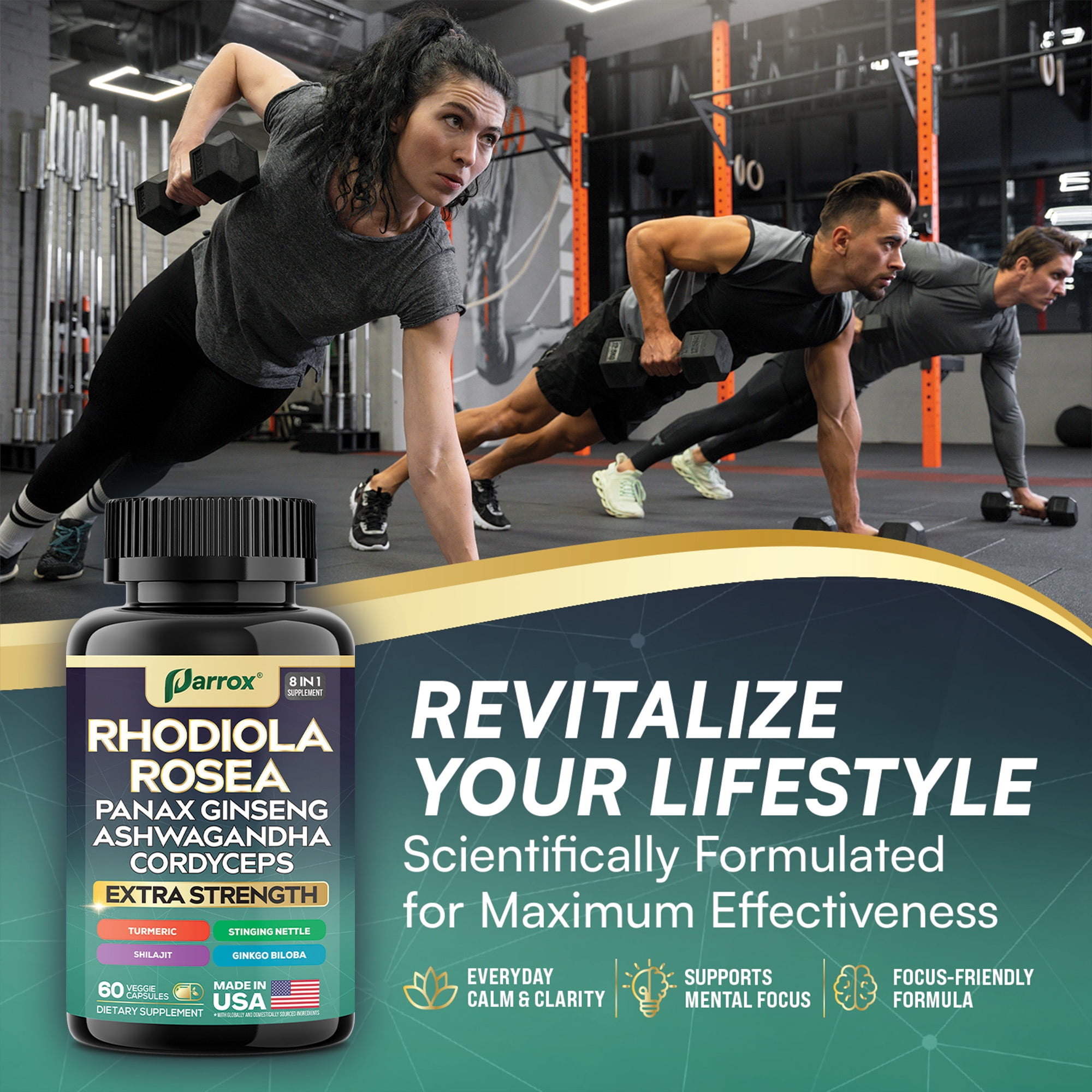 Parrox Rhodiola Rosea Panax Ginseng Ashwagandha Shilajit Cordyceps Mushroom Turmeric Ginkgo Biloba Stinging Nettle Adaptogen Blend Supplement Capsules for Daily Wellness Support – 60 Capsules