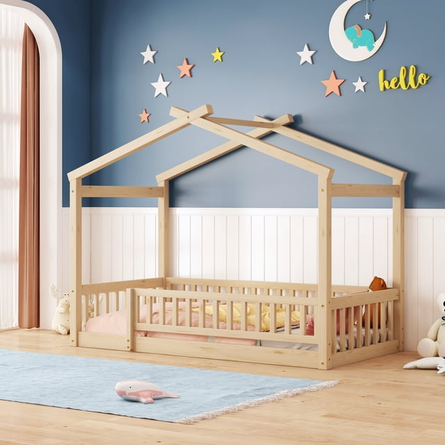 Noble House Twin Size Wood House Bed Frame with Fence,Natural