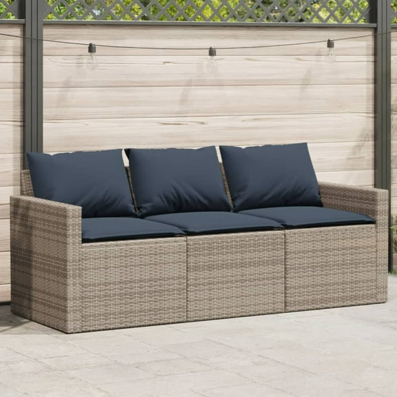vidaXL Patio Sofa with Cushions 3-Seater Gray Poly Rattan