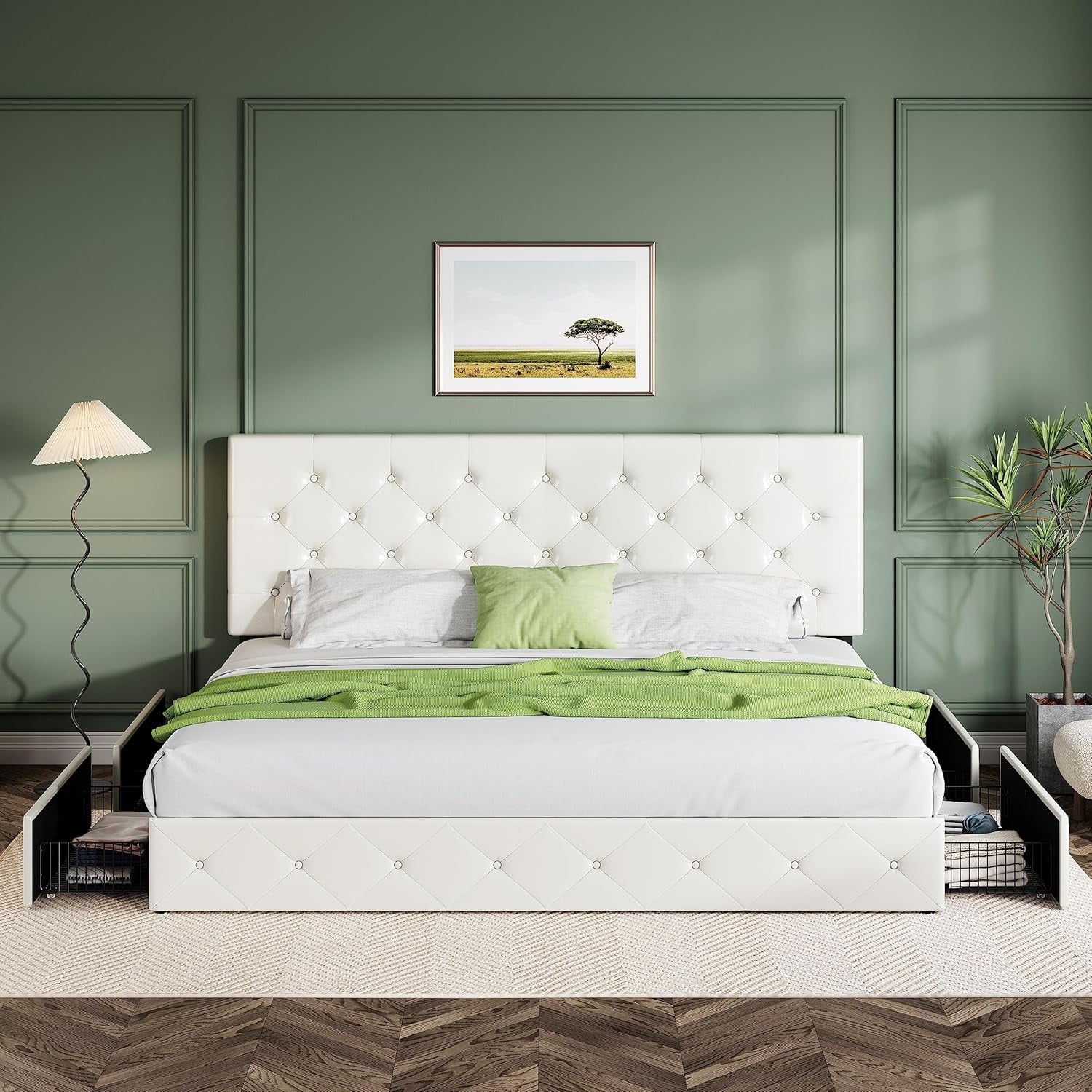 Allewie Upholstered King Size Platform Bed Frame with 4 Storage Drawers and Headboard, Diamond Stitched Button Tufted, White