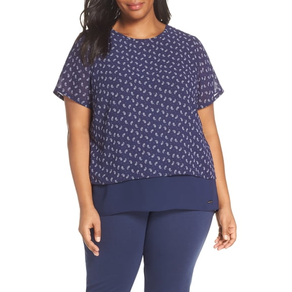 Michael Michael Kors Plus Size Printed Layered Look Top True Navy/White 1X