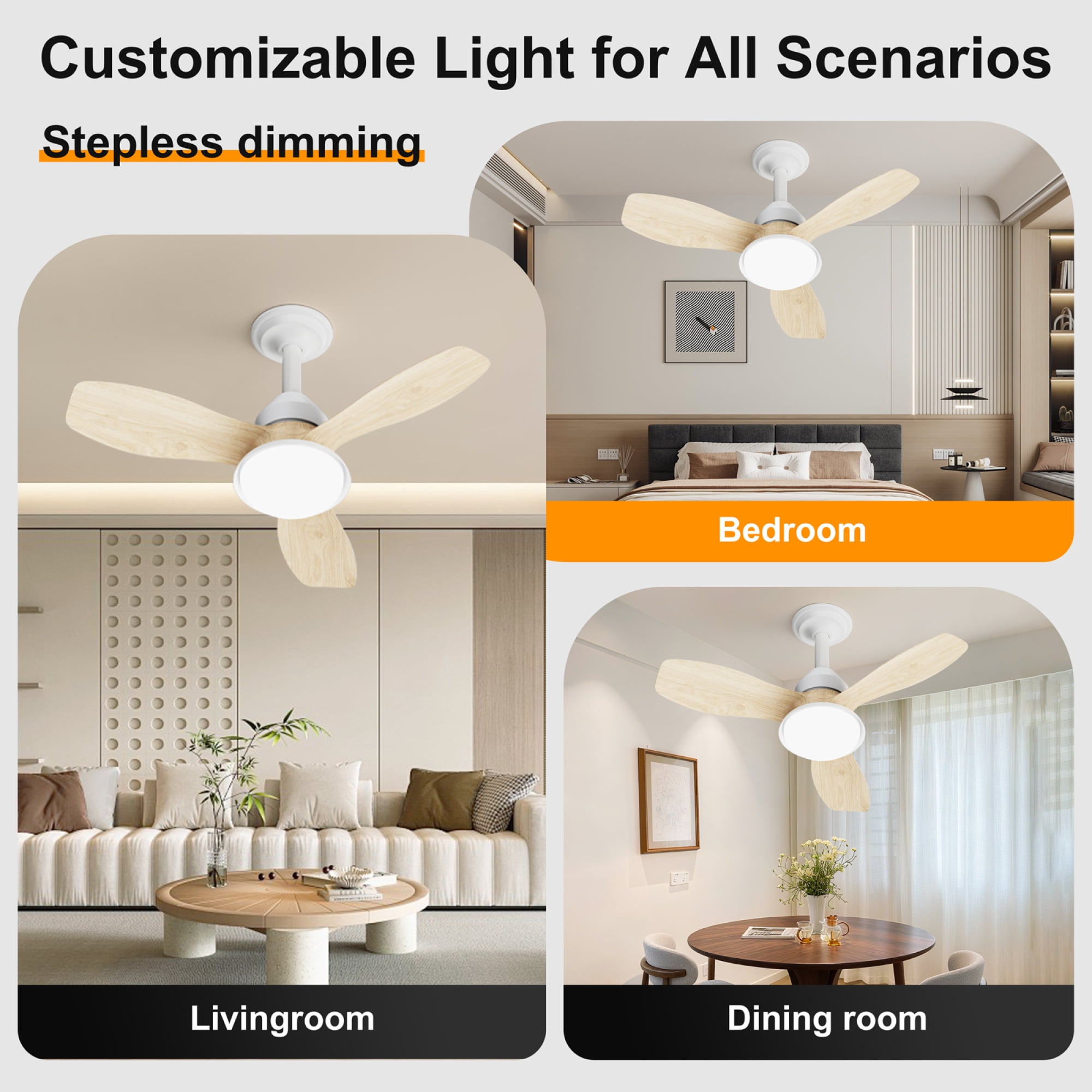 Leumius 24.4" Brown Ceiling Fan with Light, 3 Blades, 6-Speed Reversible Quiet DC Motor, Dimmable LED, APP & Remote Control, Flush Mount for Bedroom Living Room Covered Patio