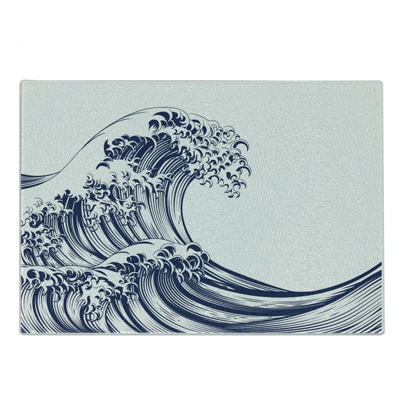 Japanese Wave Cutting Board, Oriental Vintage Wave Monochrome Kanagawa Inspired Antique Art, Decorative Tempered Glass Cutting and Serving Board, Small Size, Navy Blue White, by Ambesonne