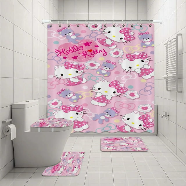 Hello Kitty Ensemble de Rideau de Douche Sanrio Impression Anime Imperméable Rideau de Douche Ensemble de Quatre Pièces Tapis Couvercle de Toilette en Forme de U LS