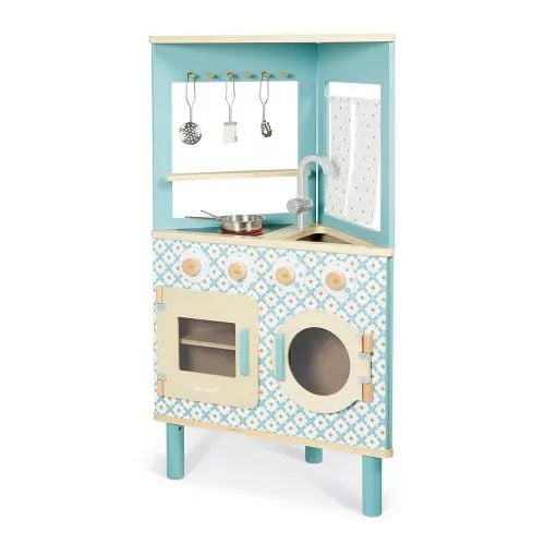 Janod - Trio Wooden Kitchen - Compact 3-Sided Kitchen - Pretend Play Kitchen & Tea Set Toy - Retro Style - 5 Metal Utensils Included - Water-Based Paints - 3 Years +