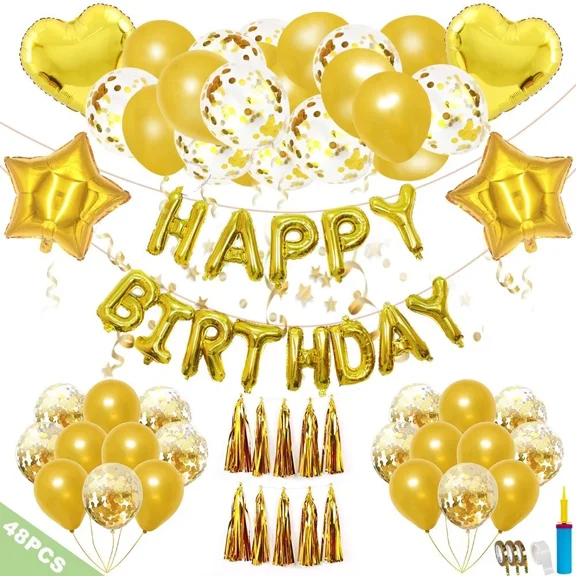 48Pcs Birthday Party Decorations Set With Happy Birthday Balloons Banner Yellow