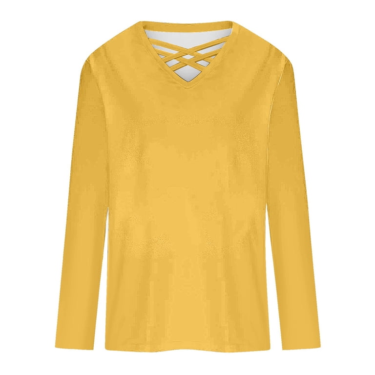 Womens Tops Criss Cross V Neck Long Sleeve Cotton T Shirts Relaxed