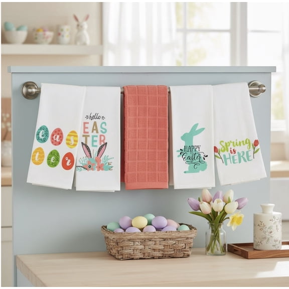 Serafina Home Easter Dish Towel Set: Colorful Spring Assortment, Happy Easter Bunny, Spring Is Here, 5 Count