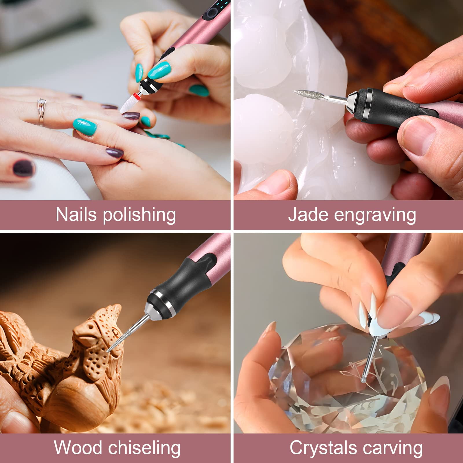 Electric Engraving Pen with 37 Bits, USB Rechargeable Cordless Engraving Machine, Portable DIY Rotary Engraver for Jewelry Wood Glass Stone Carving (Rose red)