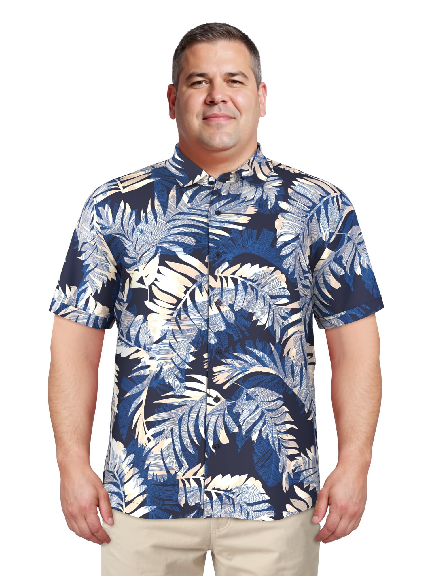 Cafe Luna Men's and Big Men's Printed Leaves Short Sleeve Woven Shirt with Texture, Size S-4XL