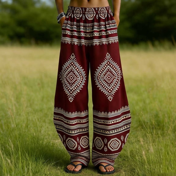 Mifsaly Ethnic Tribal Print Harem Pants Women High Waist Wide Leg Pant Summer Vacation Casual Trendy Boho Outfits with Pockets XL
