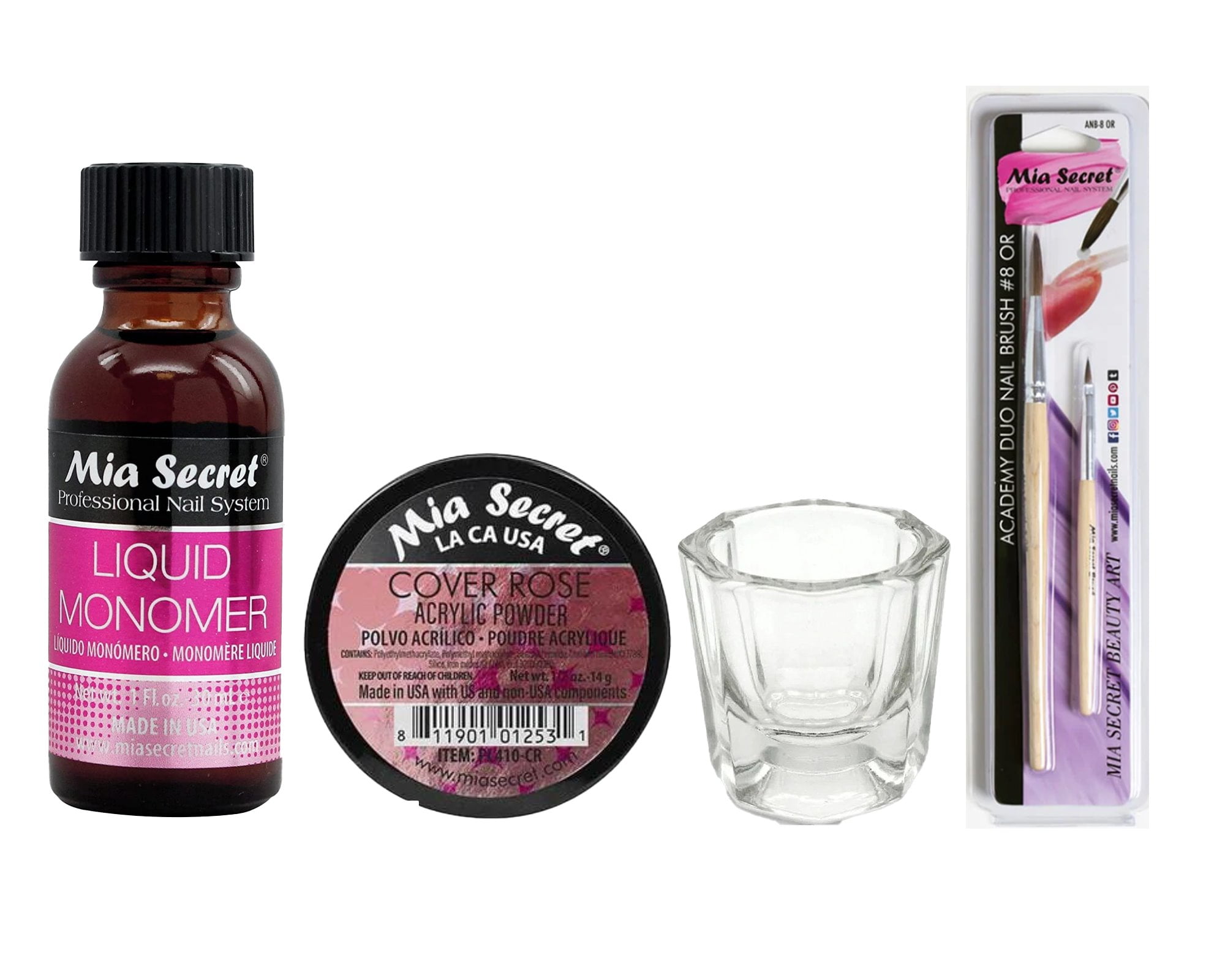 Mia Secret - Liquid Monomer 1oz & Cover Rose Acrylic Powder  0.5 oz + Dappen Dish + Academic Duo Nail Brush #8 OR- Combo