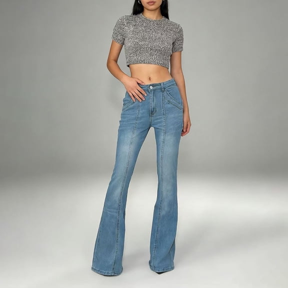 Cagogo Women's Plus Size Flare Leg High Waisted Jeans with Pockets Denim Casual Long Pants Streetwear Trousers Loose Fit Jeans for Everyday Wear, Light Blue S