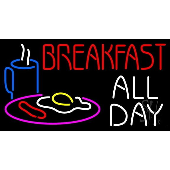 Breakfast All Day Logo LED Neon Sign 13 x 24 - inches, Clear Edge Cut Acrylic Backing, with Dimmer - Bright and Premium built indoor LED Neon Sign for restaurant window and interior decor.