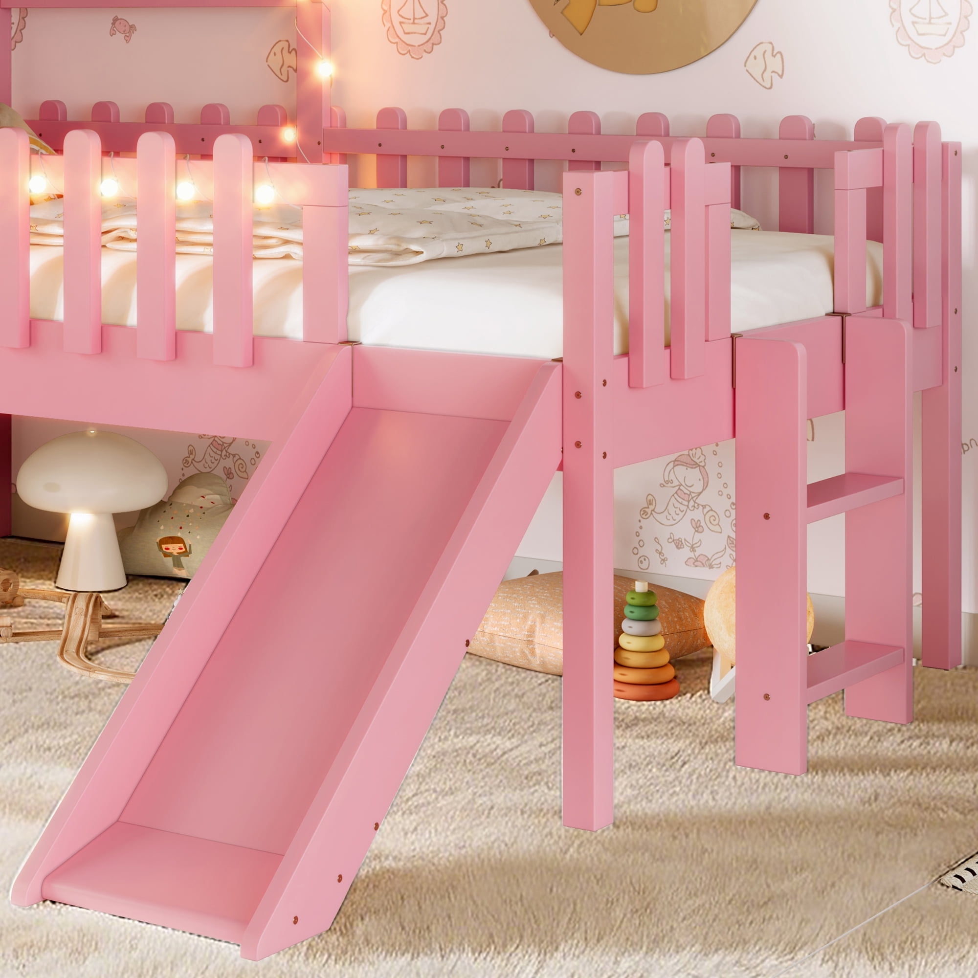 Mintazer Twin Size Kids House Loft Bed with Slide & LED Lights, Modern Playhouse Bed with Star Shaped Designs & Ladder, No Box Spring Needed, Pink
