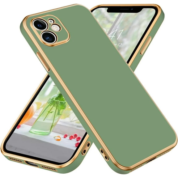 Compatible with iPhone 11 Case, Slim Luxury Electroplated Bumper Women Men Girl Protective Soft Case Cover with Strap for iPhone 11 6.1 inch, Matcha/Gold