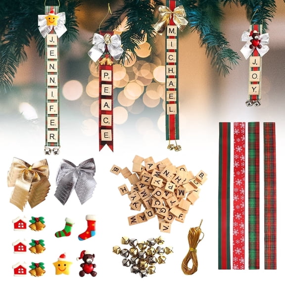 Christmas Ornaments DIY Kit Tree Decorations with Ribbon Letter Tiles Bells Stockings and Name Tags Holiday Arts and Crafts for Gifts Wreaths and Room Décor