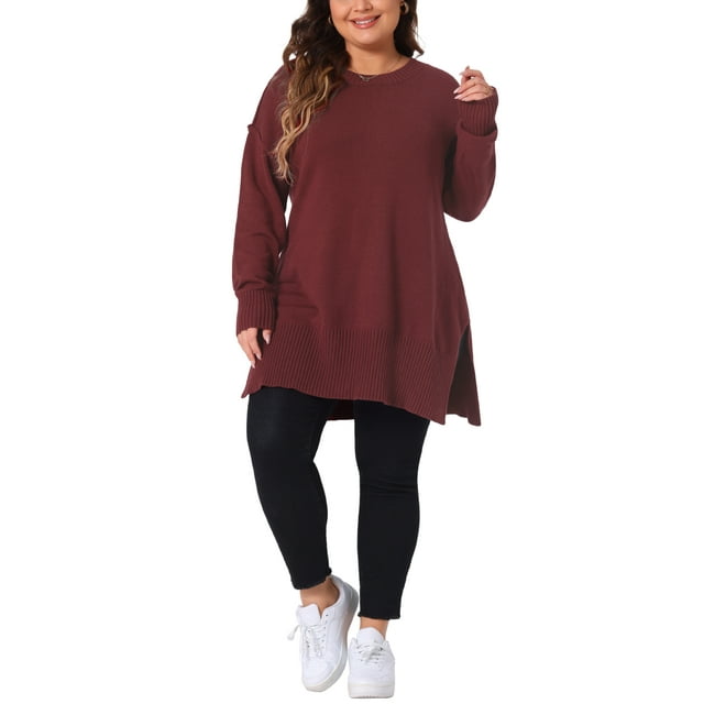 Suéter de mujer de tallas grandes Agnes Orinda, cuello redondo, mangas largas, con aberturas laterales, suéter de punto holgado, 3X burdeos