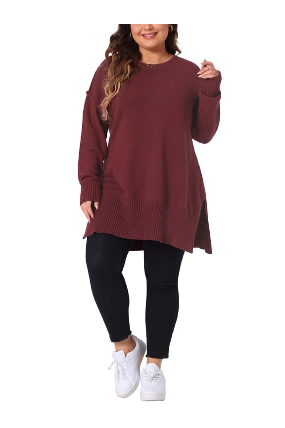 Women's Plus Size Sweater Crew Neck Long Sleeves Side Slits Knit Pullover Oversized Sweaters 1X Burgundy