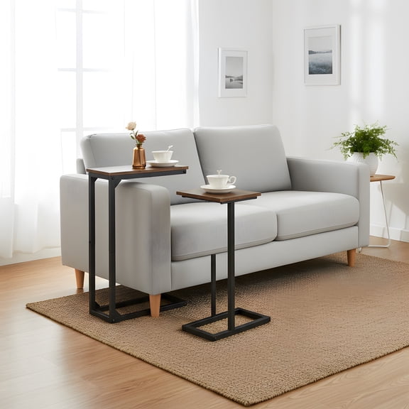 C-Shaped End Table Set of 2 - Rustic Brown, Slim Sofa Side Table for Small Spaces