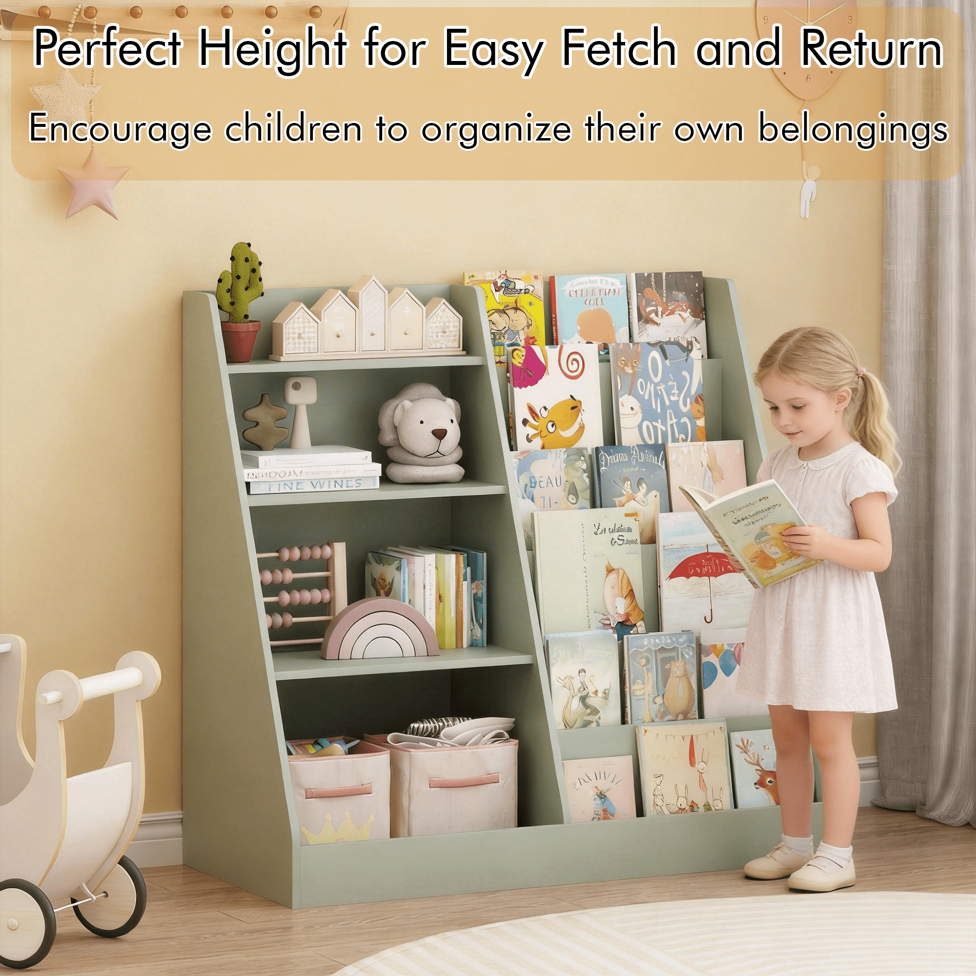 4 Tier Kids Bookshelf and Toy Storage Organizer,Multifunctional Wooden Kids Book Shelf with Bookcase Display Stand for Kids Room,Playroom,Green