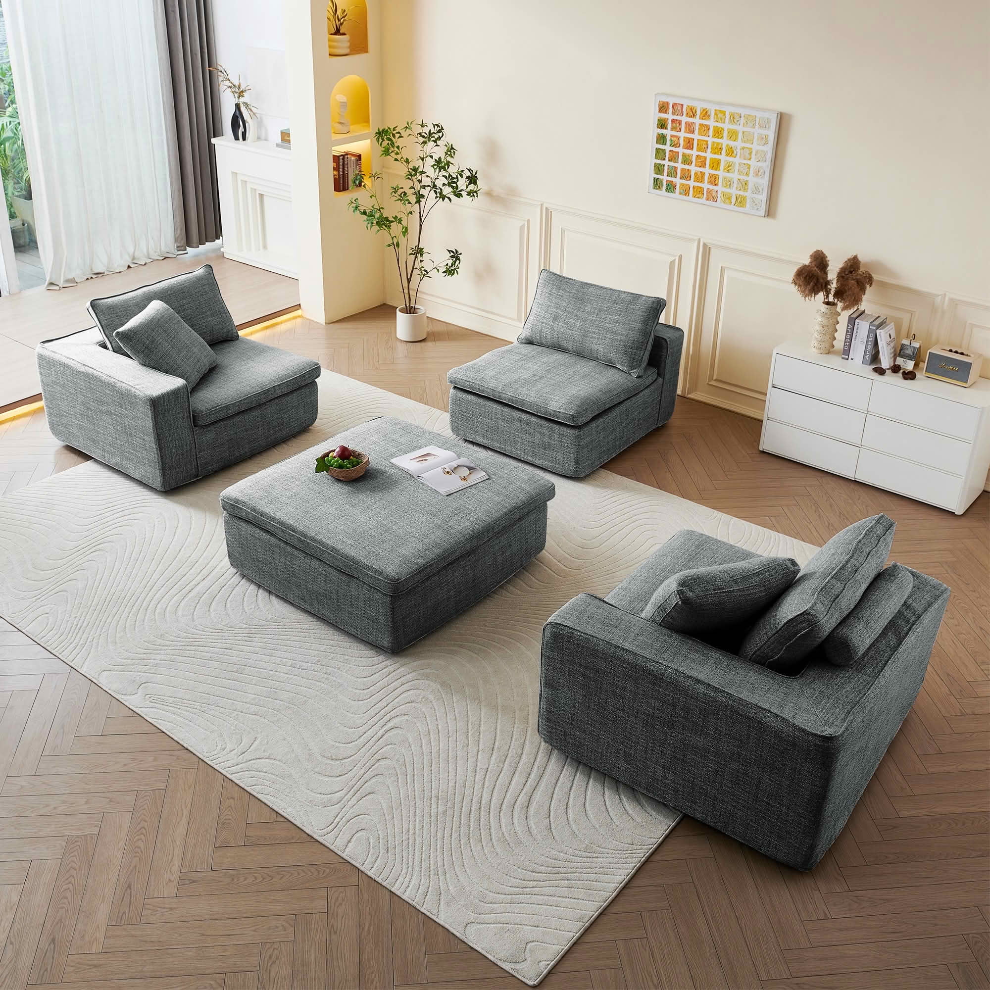MAYEERTY 131in 4-Seater Cloud Couch with Ottoman, Washable Linen Cover, Pocket Springs & Compressed Delivery，Dark Gray