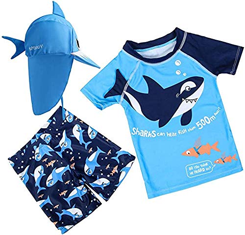 Baby Toddler Boys Two Pieces Swimsuit Set Swimwear Dinosaur Shark Bathing Suit Rash Guards with Hat UPF 50+