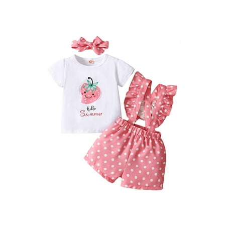 

Suanret Newborn Girl Short Pants Outfits Infants Short Sleeve Strawberry Print T-Shirt Suspenders Dot Pattern Pants Bow-Knot Headband Set Pink 3-6 Months