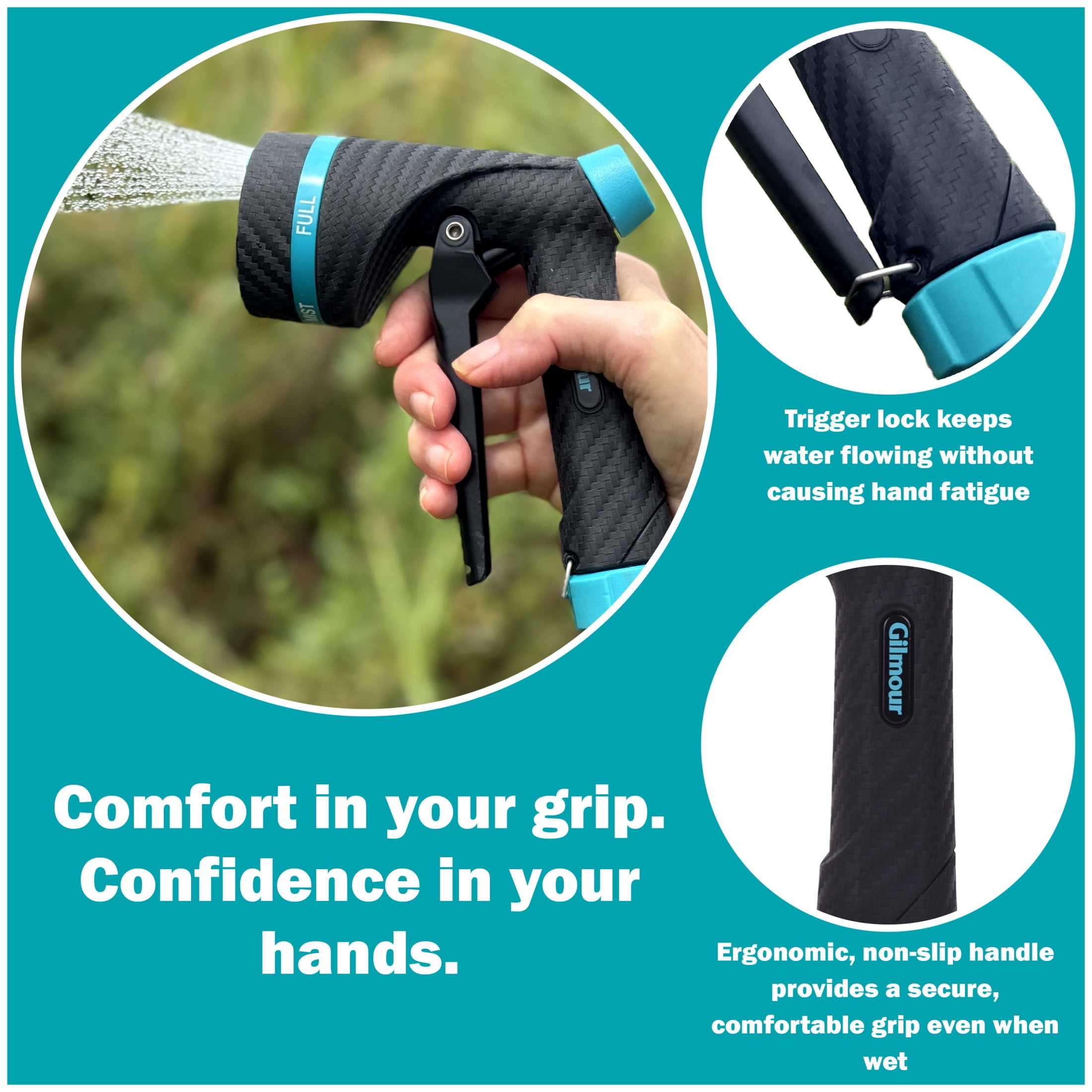 Gilmour Heavy Duty Swivel Connect Adjustable Hose Nozzle, Jet to Mist, Rear Trigger Control, Ergonomic Non-Slip Grip