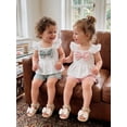 thumbnail image 5 of Loicainy Toddler Baby Girl Summer Clothes 6 12 18 24 Months 2T 3T 4T Casual Decorative Bow Smocked Flying Sleeve Tops and Flower Shorts 2 Pcs Outfits Set, 5 of 8