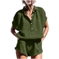 thumbnail image 2 of Women's Summer Beach Vacation 2 Piece Outfit Oversized Button Button Short Sleeved Shirt High Waist Shorts with Pockets Soft Loose Casual Travel Set Green M, 2 of 6